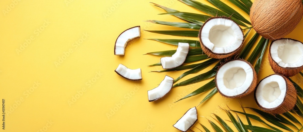 Aufkleber broken coconut pieces scattered on vibrant yellow background with palm leaves positioned on the left