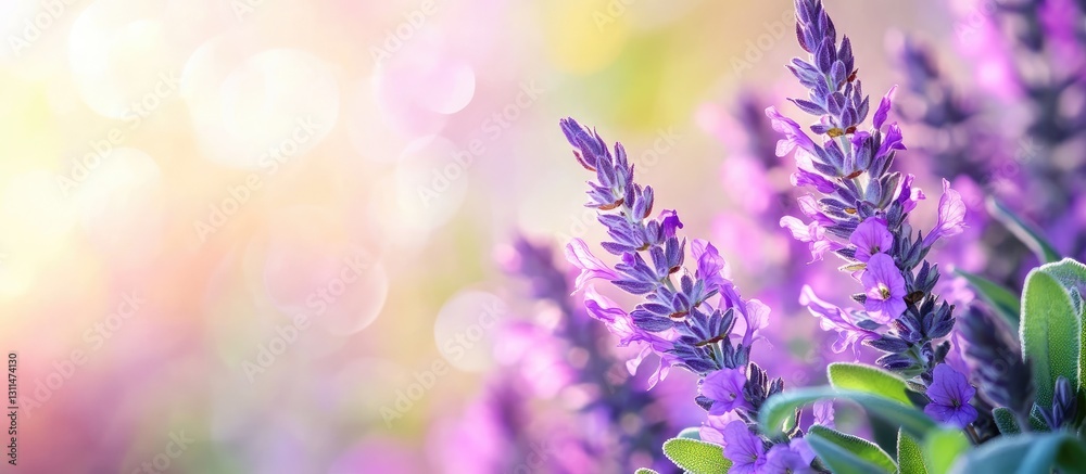 Leinwandbilder delicate purple blooms of sage officinalis in the foreground with a soft focus pastel background fea