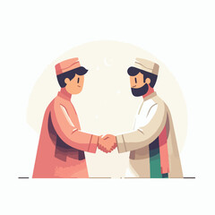 An elegant flat-style illustration of two generations—an elder and a younger person—shaking hands in an Eid moment, showcasing respect and warmth on a white canvas