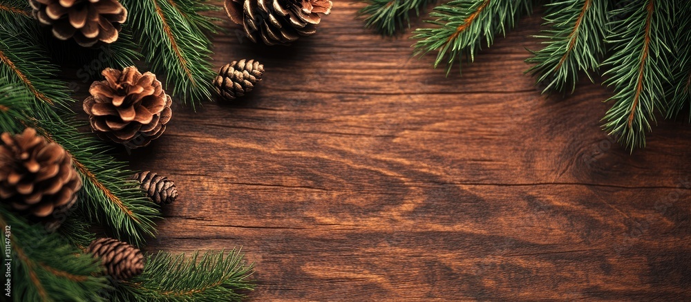 Aufkleber Rustic brown wooden background adorned with green fir branches and pine cones arranged along the top and left edges creating a natural frame.