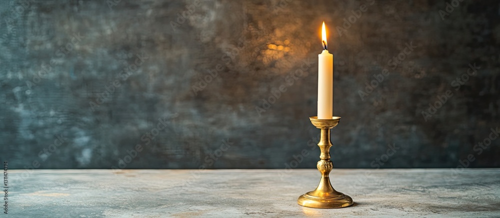 Poster antique brass candlestick holding a burning candle on a concrete surface with dark gray background c