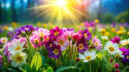 Obraz premium Wildflower meadow ablaze with spring's vibrant primula, a breathtaking landscape.