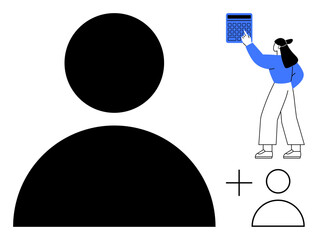 Large person icon alongside a woman interacting with a digital calculator and plus sign, symbolizing user addition, account management, teamwork, collaboration, analytics, and growth in flat simple