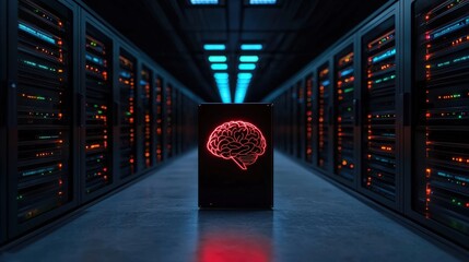 AI brain displayed on screen in server room.