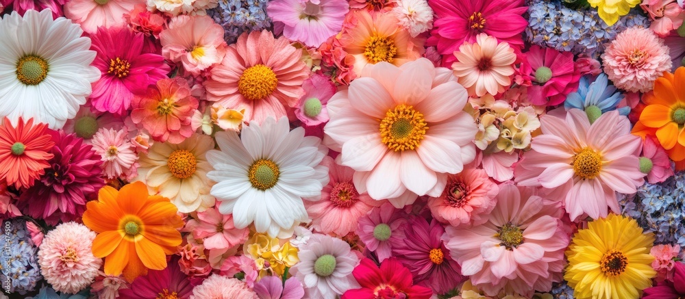 Poster colorful top view of assorted flowers including daisies and pinks on a vibrant floral background wit