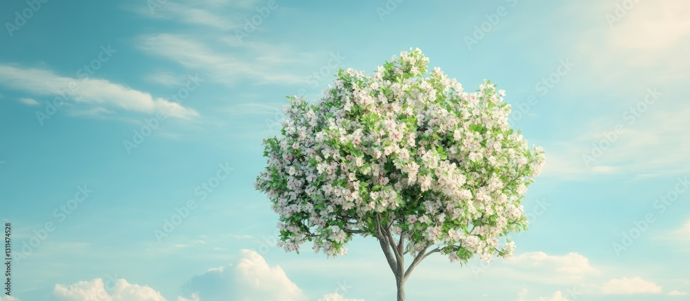 Aufkleber Blossoming apple tree with white flowers against a clear blue sky featuring soft clouds in the background creating a serene spring atmosphere.