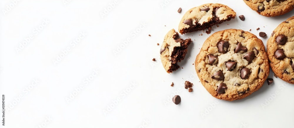 Poster Chocolate chip cookies with chocolate chips and crumbs on a clean white background with half cookies split for copy space in top right corner