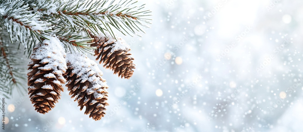 Poster snow-covered spruce tree branches with cones in winter, blurred white forest background, soft bokeh 