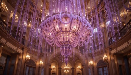 Obraz premium Lavish Purple Crystal Chandelier in Grand Hall Interior Design
