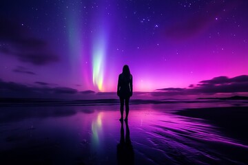 Obraz premium Silhouette Woman Beach Night Aurora Borealis Purple Sky Starry Night Peaceful Serene Magical Calm Tranquil Dreamy Mysterious Celestial Wonder 