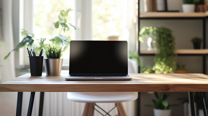 Minimal home office setup with laptop, wooden desk, and ergonomic chair, bright workspace, side copy space-6