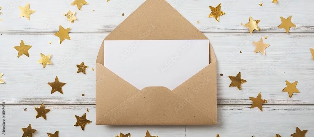Aufkleber blank white sheet in a brown envelope on a light wooden table surrounded by golden star confetti fro