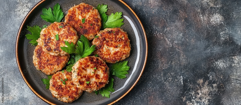 Poster buckwheat cutlets with cheese and parsley arranged on a dark plate surrounded by fresh parsley leave