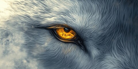 Intense gray eyes glint with golden irises, piercing through the soft, shadowy gray fur of a...