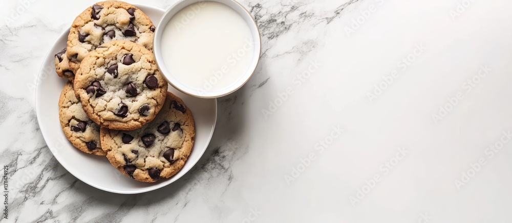 Aufkleber delicious chocolate chip cookies arranged on a white plate with a bowl of milk on a light marble sur