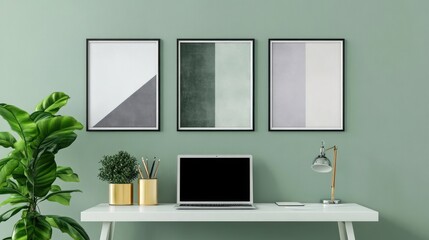 Modern home office workspace with laptop, plants, and abstract art