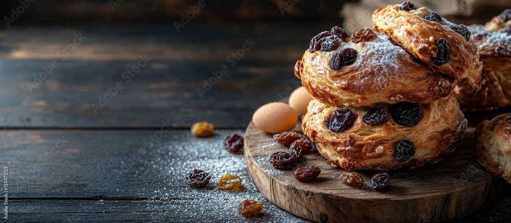 Poster delicious kraffins stacked on a wooden board with raisins and dried fruits against a dark rustic bac