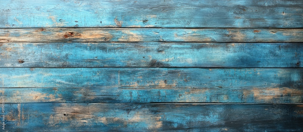 Poster Weathered blue wooden planks with intricate textures and subtle brown stains forming an abstract background with a rustic charm for various designs.