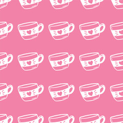 seamless pattern of white cup of coffee with heart on light pink background