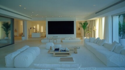 Luxurious modern living room, ocean view, minimalist decor, relaxation