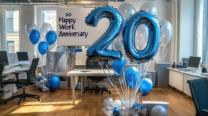 20th Work Anniversary Celebration With Blue Balloons in an Office