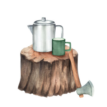 recommend clip art: An old tree stump with a metal coffeepot and a green mug, an axe. Camping equipment. Exploration trip. Hiking. Hand-drawn watercolor illustration
