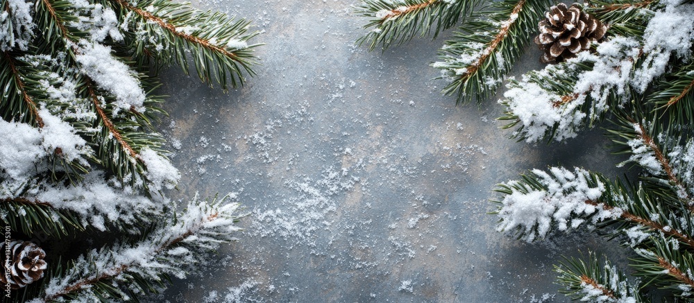 Poster snow-covered christmas fir tree branches with pine cones on a textured stone surface, creating a ser