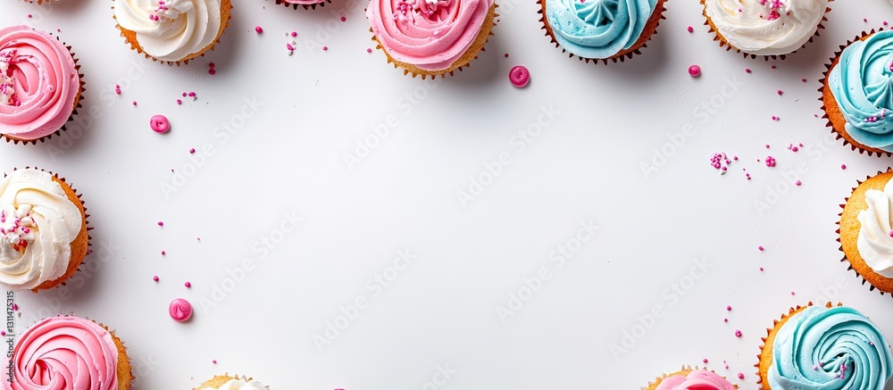 Poster Colorful cupcakes arranged in a circular frame with pink and blue frosting on a light white background creating a festive and inviting atmosphere.