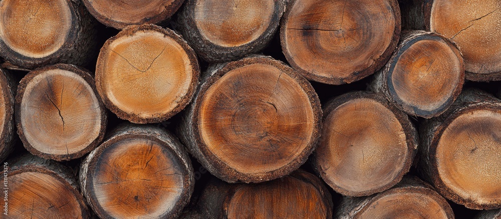 Leinwandbilder Wooden texture of cut logs stacked neatly in warm brown tones with circular shapes and natural patterns, ideal for backgrounds or rustic themes.