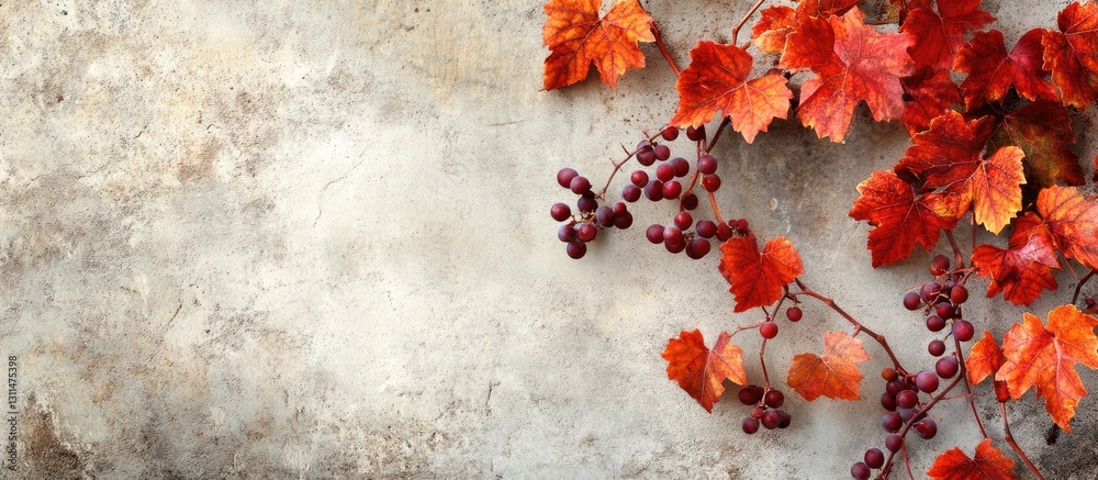 Poster vibrant red and orange grape vine leaves cascade from upper left, set against a textured light concr