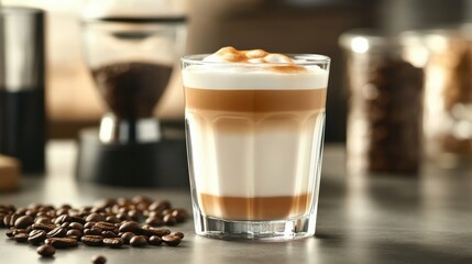 Glass of iced coffee with layers of cream and coffee, placed on a cafe counter with blurred coffee beans and grinder in the background.