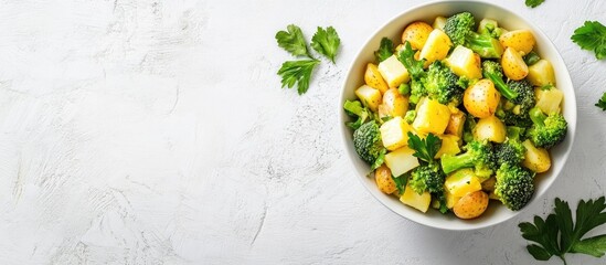 Fresh broccoli and potato salad in a white bowl on a textured surface with green parsley, arranged artistically for a healthy food concept