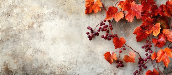 Vibrant red and orange grape vine leaves cascade from upper left, set against a textured light concrete wall with open copyspace below.