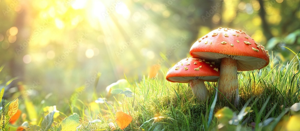 Leinwandbilder two vibrant red boletus mushrooms nestled in lush green grass illuminated by soft sunlight with a bl