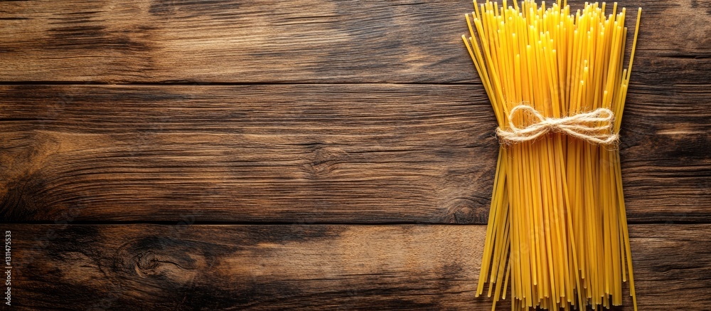 Poster bundle of uncooked spaghetti tied with twine on aged wooden surface top view rich brown tones with v