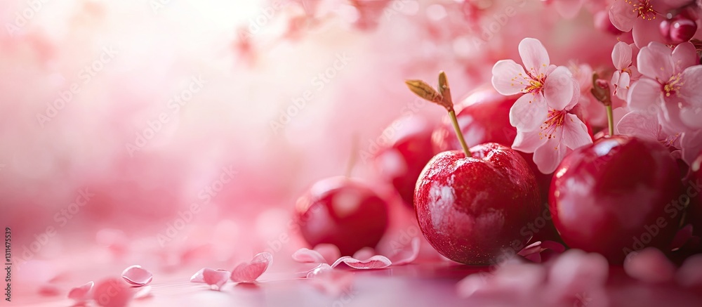 Poster red artificial plums nestled among soft pink cherry blossoms with scattered petals on a blurred pink