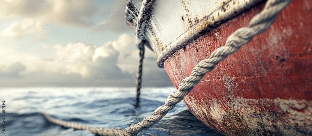 Poster fishing trawler moored with ropes against a serene ocean backdrop featuring beautiful clouds and gen