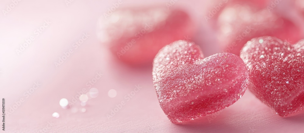 Poster close up macro shot of sparkling pink heart candies on a soft pink surface with blurred background h