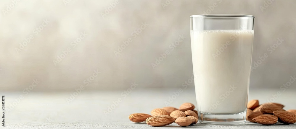 Poster almond milk in a clear glass on a light gray table with scattered raw almonds on the side featuring 
