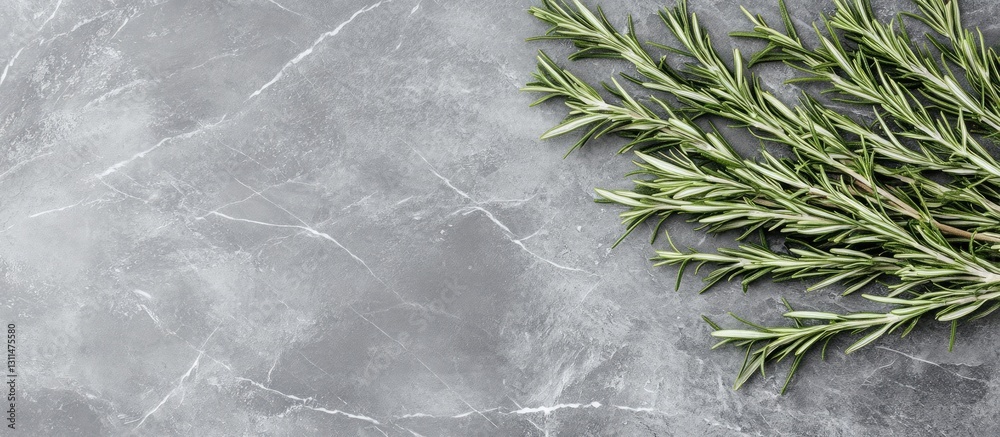 Poster fresh rosemary twigs arranged on a grey marble surface with subtle texture, showcasing vibrant green