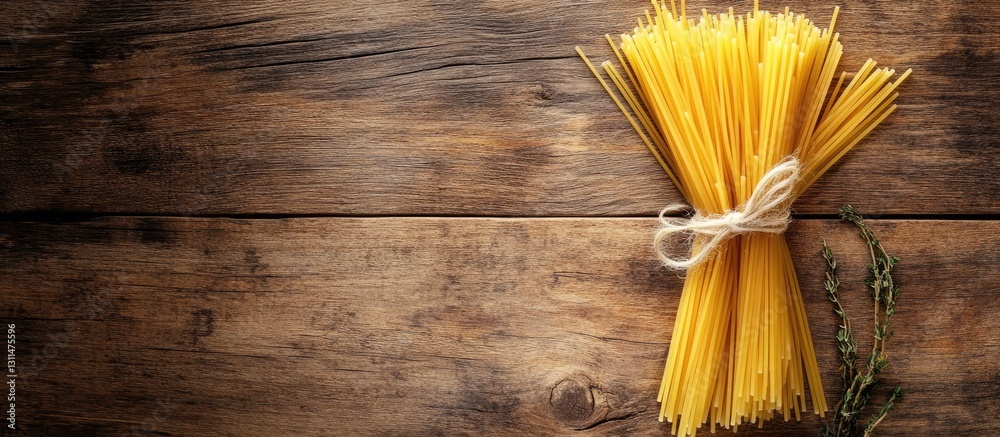 Poster bundle of uncooked spaghetti tied with twine placed on a textured aged wooden surface with green her