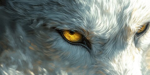 A close-up of a digital painting reveals a white wolf’s piercing yellow-eyed gaze, framed by...