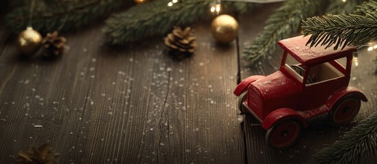 Vintage red toy car on dark wood surface with pine cones, golden ornaments, and snowflakes, evoking a festive Christmas atmosphere.