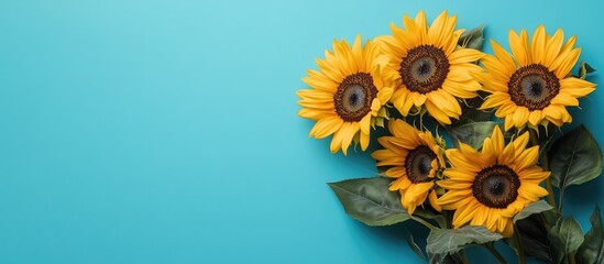 Obraz premium Vibrant sunflowers arranged on a turquoise background with green leaves positioned on the right side creating ample copy space on the left