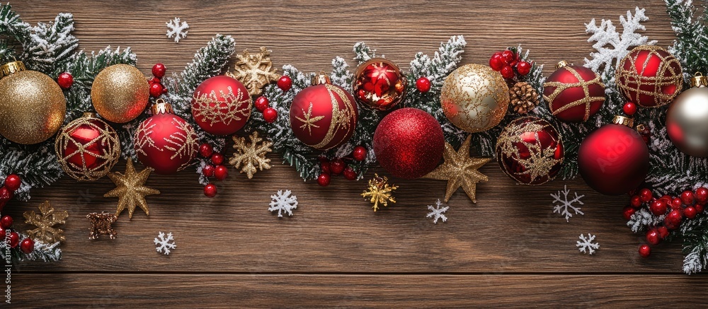 Poster christmas flat lay featuring red and gold ornaments snowflakes and festive greenery on a wooden back