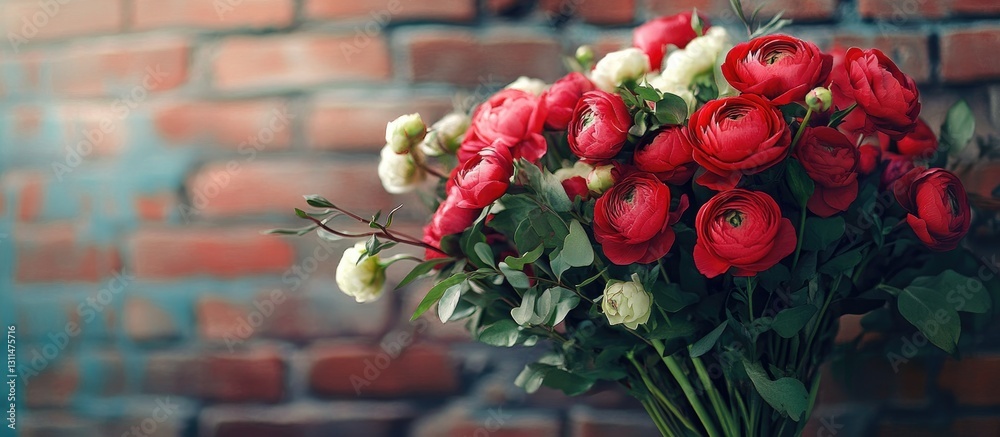 Poster vibrant bouquet of red ranunculus and peonies with lush greenery held against a textured rustic bric