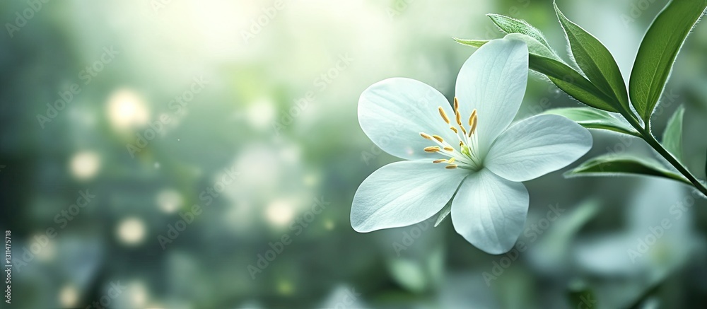 Poster Delicate blooming white lily with soft green background and blurred bokeh effect, positioned on the left with ample copyspace on the right.