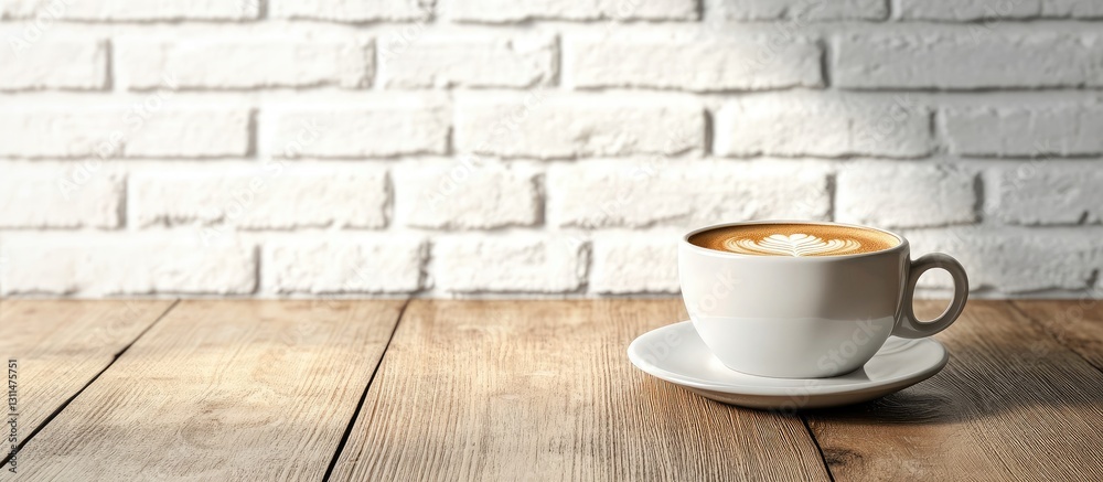 Poster white coffee cup with latte art placed on a wooden table in front of a white brick wall background e
