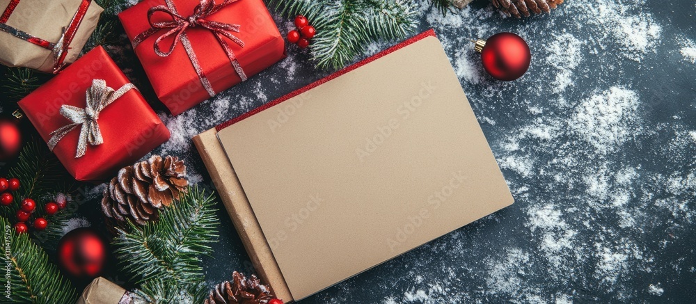 Aufkleber craft notebook in a festive christmas arrangement with red gifts pinecones and ornaments on a snowy 