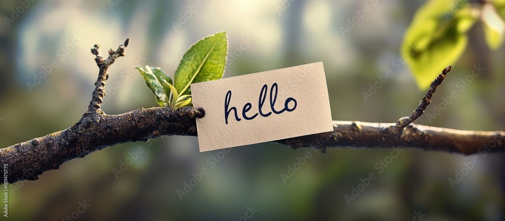 Poster natural branch featuring a handwritten hello on a brown paper sticker attached above vibrant green l